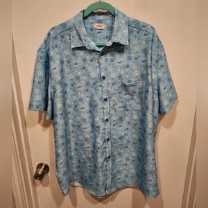 Crowlines Men's Blue Floral Cat Print Casual Button Down Shirt Sz XXL Novelty